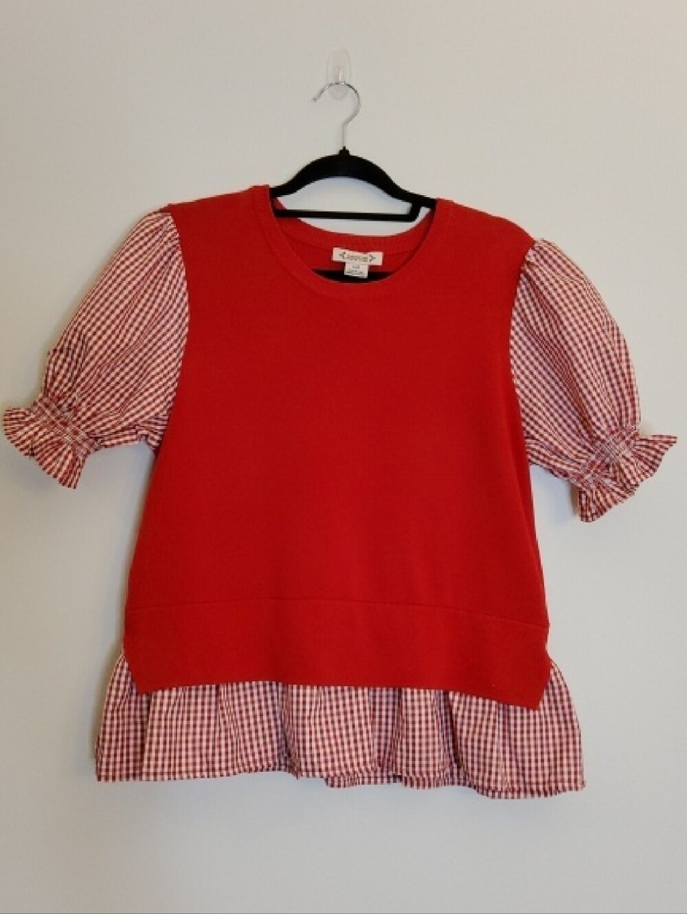 Nanette Lepore Red Top with Gingham Puff Sleeves